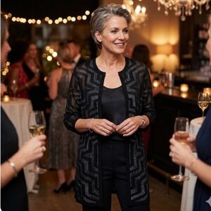 Ming Wang Knit Cardigan Black Shimmer Size Medium Geometric Pattern Semi Sheer